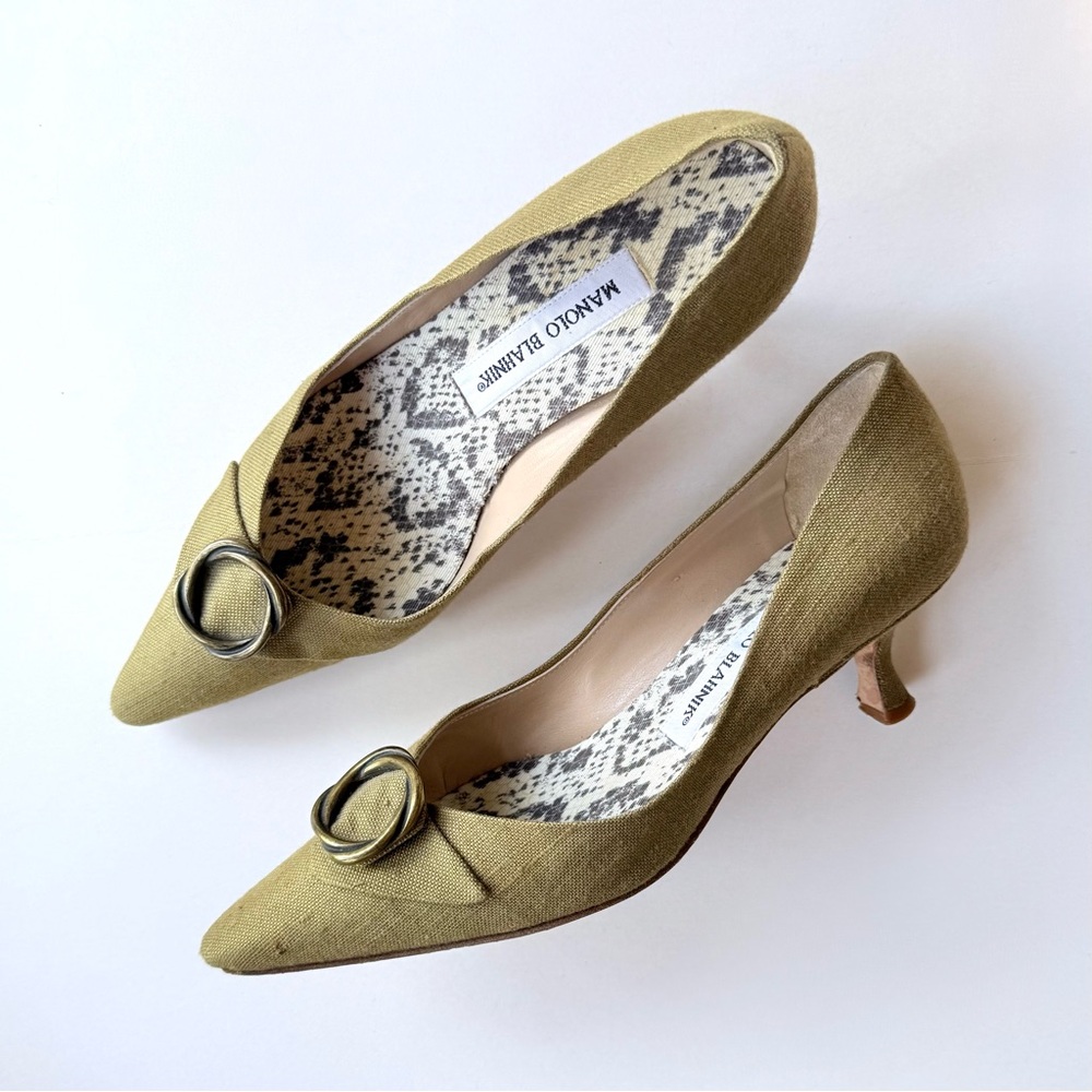 Vintage Manolo Blahnik Kitten Heel Olive / Khaki Textile Fabric Pumps Size 36.5